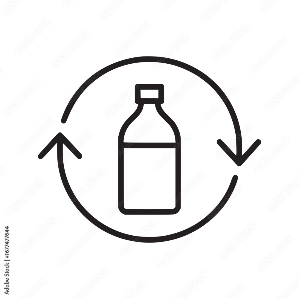 Aufkleber outline drawing of a bottle inside a circular arrow symbol on a plain white background simple design