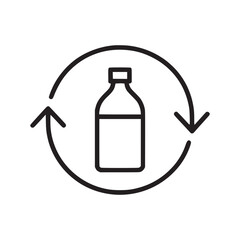 Outline drawing of a bottle inside a circular arrow symbol on a plain white background simple design