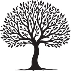 Obraz premium Elegant Tree Silhouette with Leaves – Nature Vector ArtLeafy Tree Silhouette – Black Tree Design ElementStylized Tree with Leaves – Decorative Nature Illustration