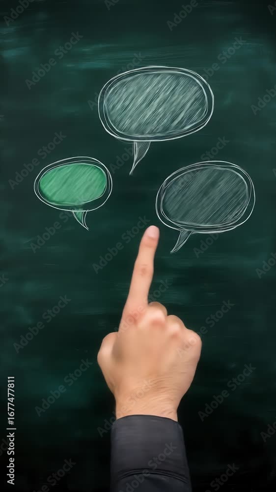 Poster hand pointing at colorful dialog bubble on a chalkboard background representing discussion and commu
