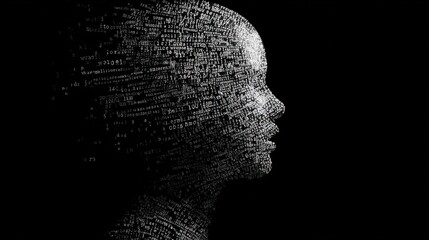 Child head silhouette composed of white code on black background