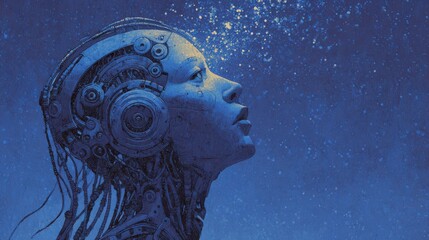 Cyborg head looking up in blue light