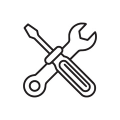 Outline illustration of a screwdriver crossed with a wrench on a plain white background