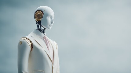 Android robot wearing white suit with copy space