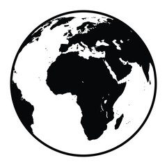 Stylized black and white illustration of the Earth globe, prominently featuring Africa and Europe, representing global geography.