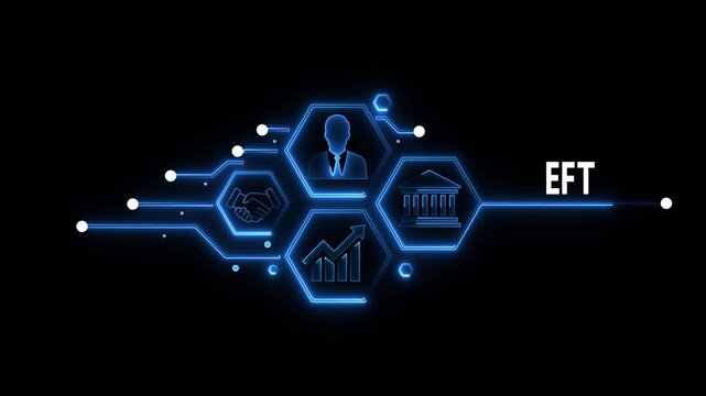  Glowing EFT button in business man  on a futuristic, abstract wave technology on black background. Abstract neon Hud knowledge ability business graph icon Glowing neon line concept.