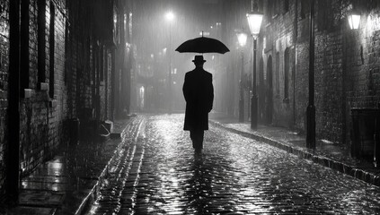 A solitary figure walks a rain-slicked alleyway at night