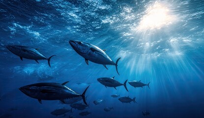 School of tuna swimming in deep ocean sunlight