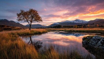 Autumnal mountain landscape reflecting sunset