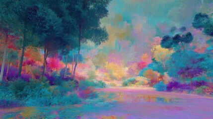 Colorful fantasy nature landscape with trees
