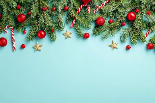 Festive christmas garland with ornaments and candy canes on a light blue background