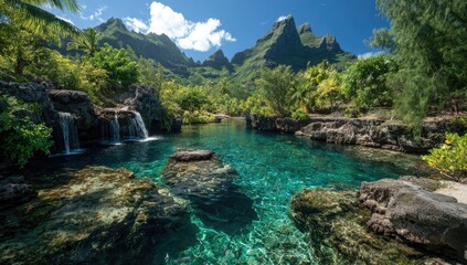 Fototapeta premium Tropical lagoon nestled in lush valley