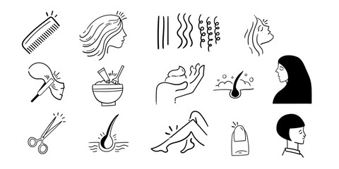 Hair doddle,small cute hair treatment background design ,hair spa card design element collection,hair related ink.