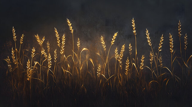 Close-up of golden wheat ers against a dark backgroud, focusing on the intricae texture and fine grain dtails.
