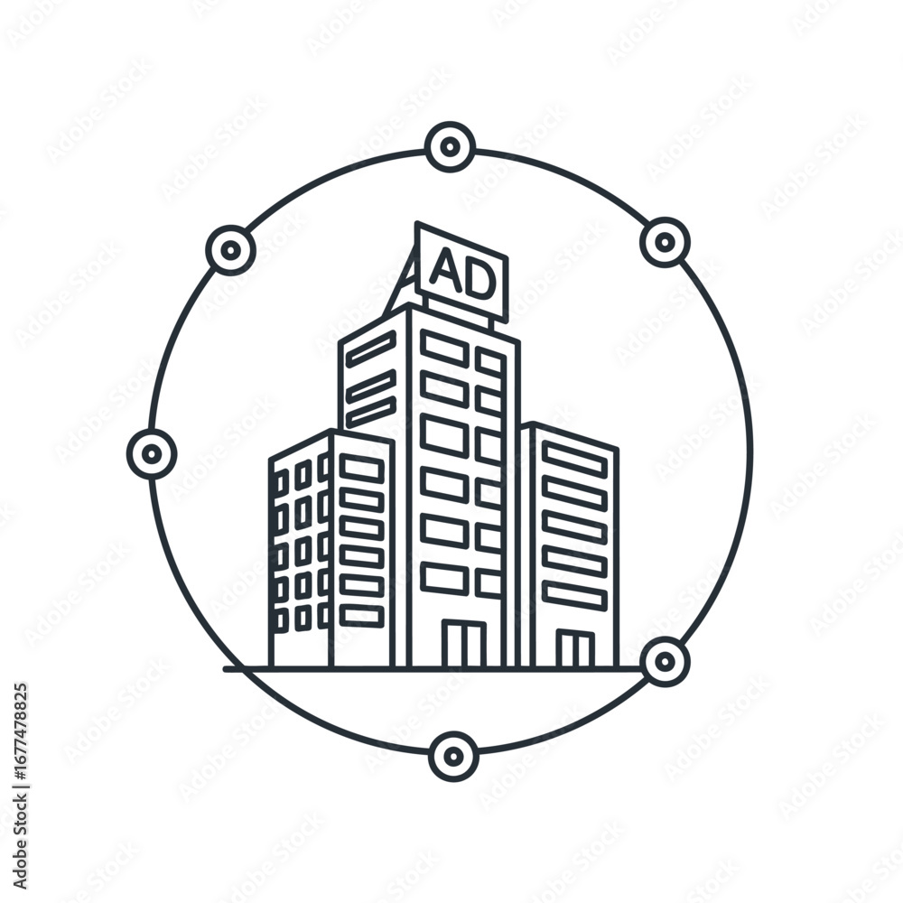 Poster a stylized line art illustration of a modern office building with an advertising sign on top, enclos