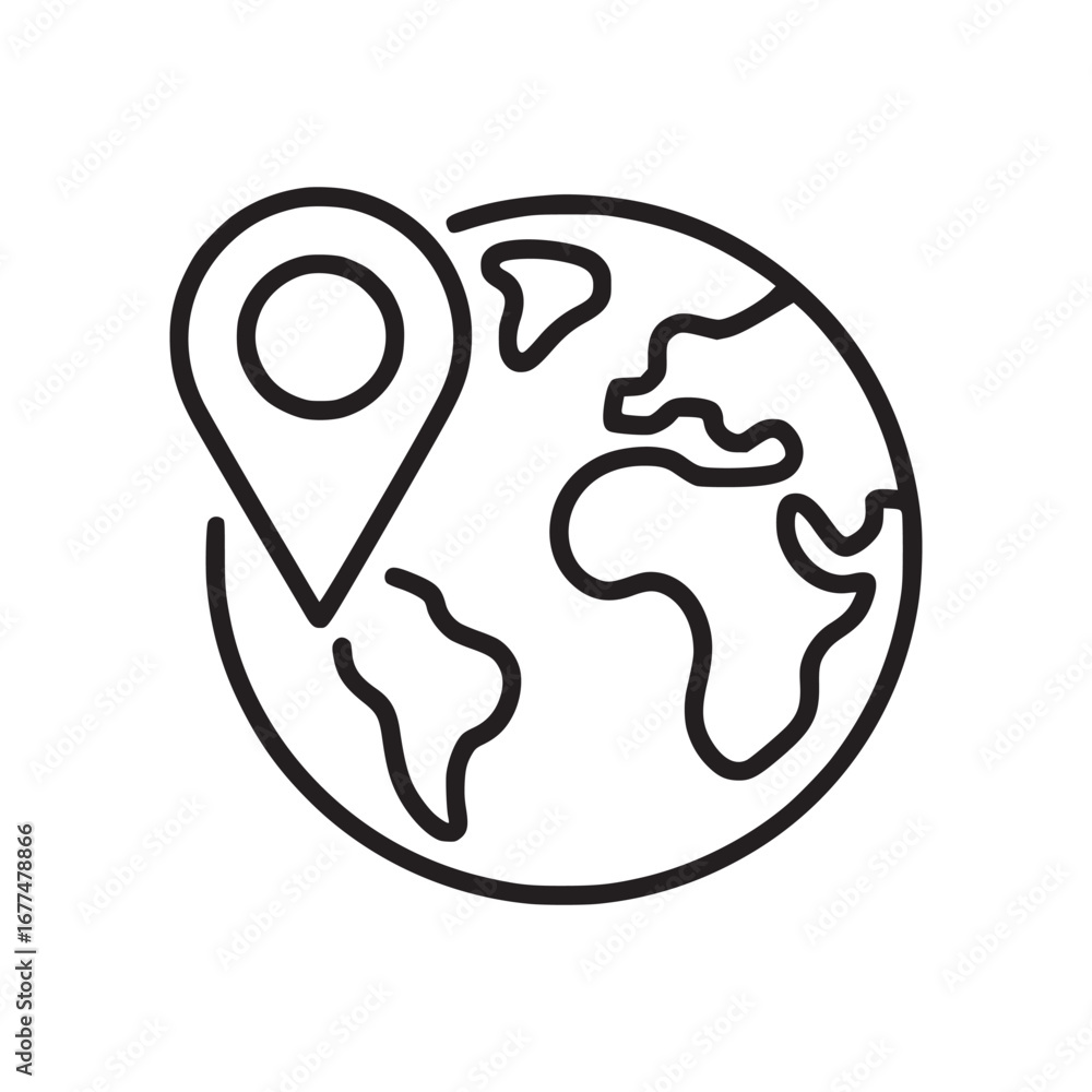 Aufkleber a simple line drawing of a globe with continents and a location pin on a white background graphic