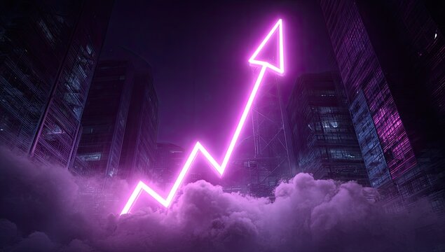 Neon pink upward arrow graph over a city at night