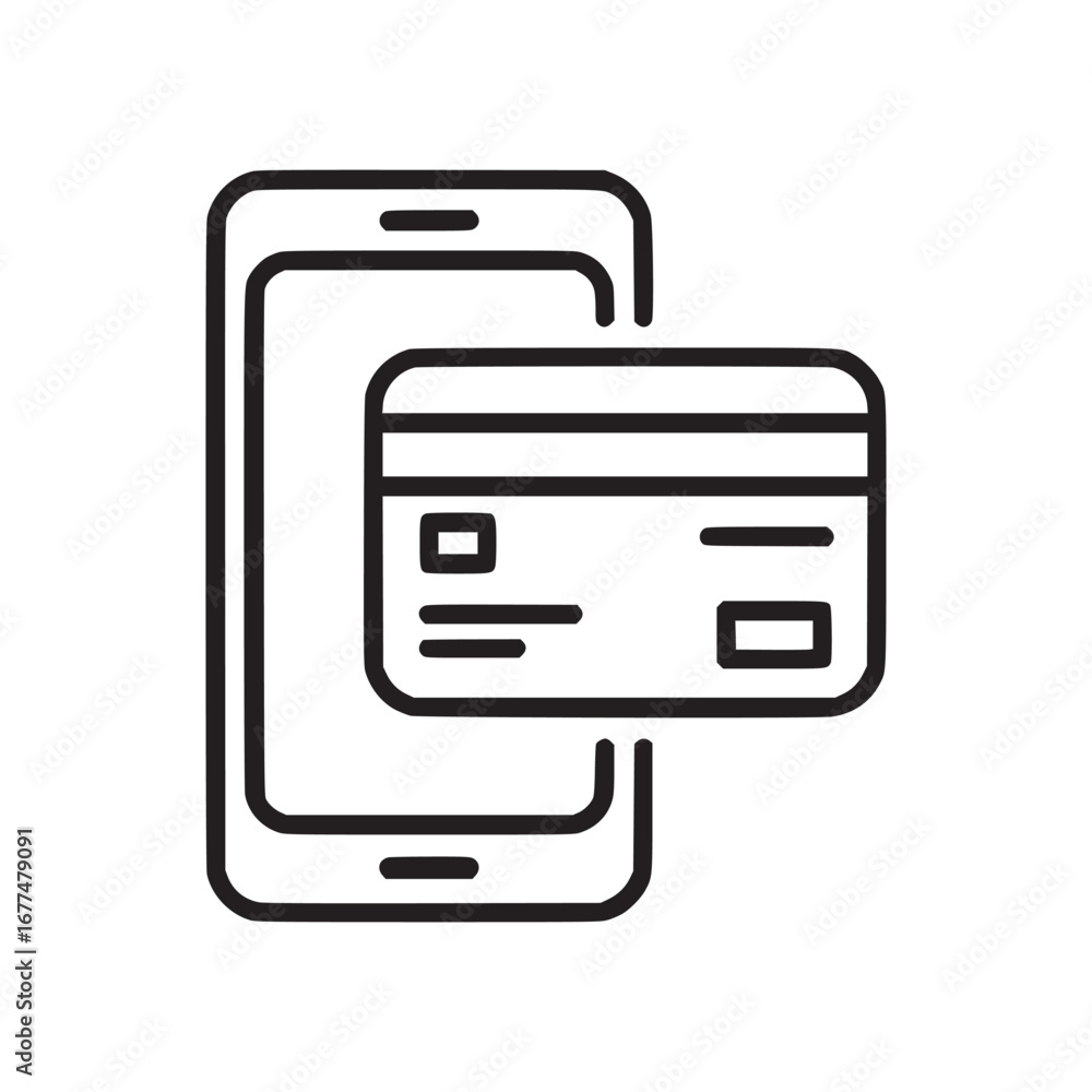Aufkleber line drawing of a smartphone with a credit card overlaying the screen in a simple design style