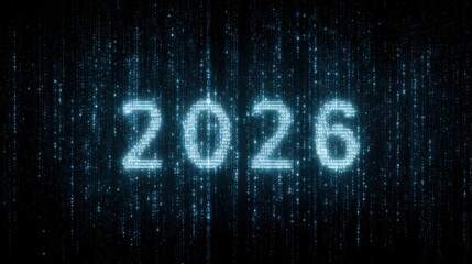 2026 glowing futuristic number with blue rain effect