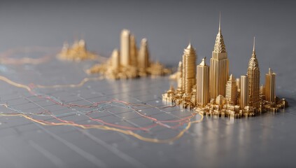 Golden city models atop a financial chart