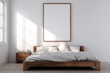 Modern bedroom with blank art frame