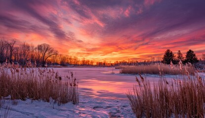 Obraz premium Winter sunset over a frozen lake
