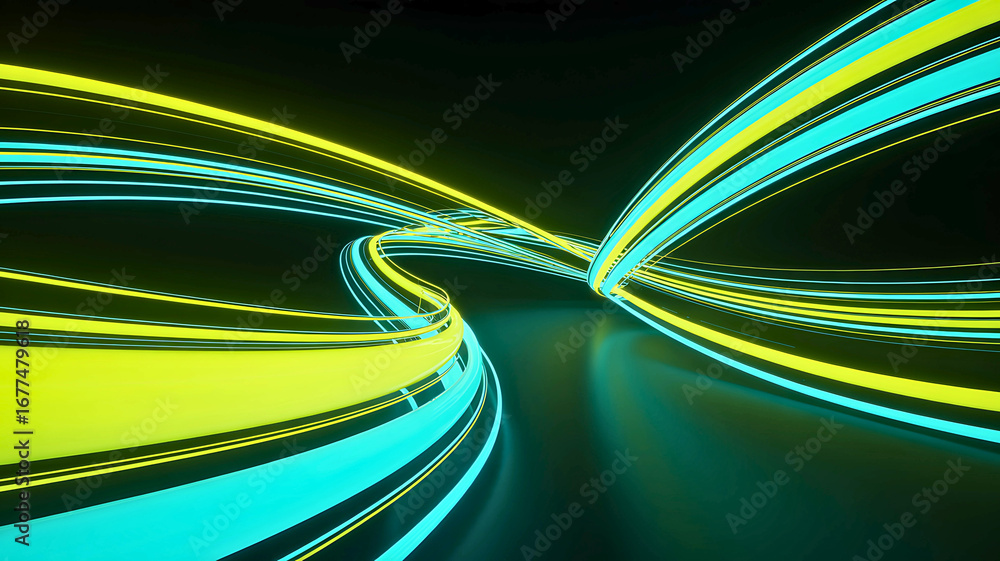 Poster dynamic yellow and cyan light streaks flowing in a curved path, illustrating future technology and f