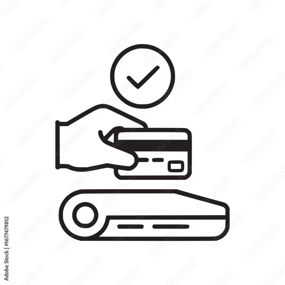 Poster hand holding a credit card above a card reader with a check mark circle on a white background