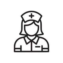 A simple black and white line drawing of a nurse with a hat and uniform on a white background
