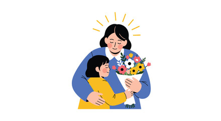 A young child embraces their mother presenting a beautiful bouquet of flowers on a special day celebration