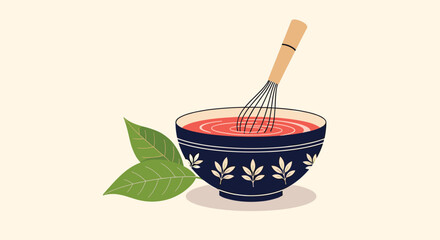 Culinary creation in a patterned bowl with green leaves and a whisk mixing vibrant ingredients for a delightful dish preparation