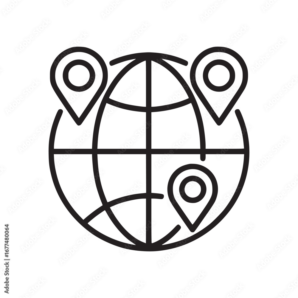 Poster a simple line drawing of a globe with location pin markers indicating various points on the globe