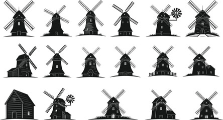 Collection of vintage windmill silhouettes with farmhouse designs, rural countryside structures, traditional architecture, classic windmills, rustic landscapes, historical farming buildings