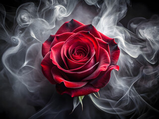 Dramatic blooming red rose with swirling smoke tendrils, beauty and mystery on dark background