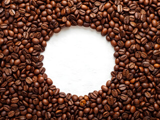 Swirling vortex of roasted coffee beans forming a portal into caffeinated depth with glowing core