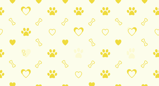 Adorable yellow paw prints hearts and bones repeating pattern for pet lovers