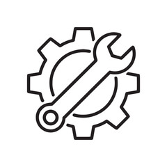 Illustration of a wrench tool diagonally placed over a gear icon on a white background surface