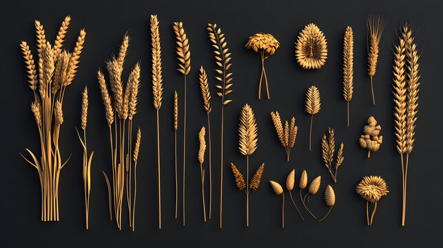 Golden wheat ears arranged on a dark background, wit visible, fine details of he texture and shape of th grains.