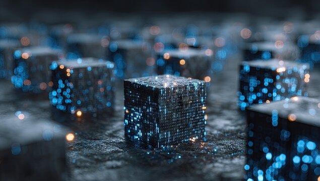 A collection of metallic cubes, glowing with intricate digital patterns, creates a futuristic and technological scene.