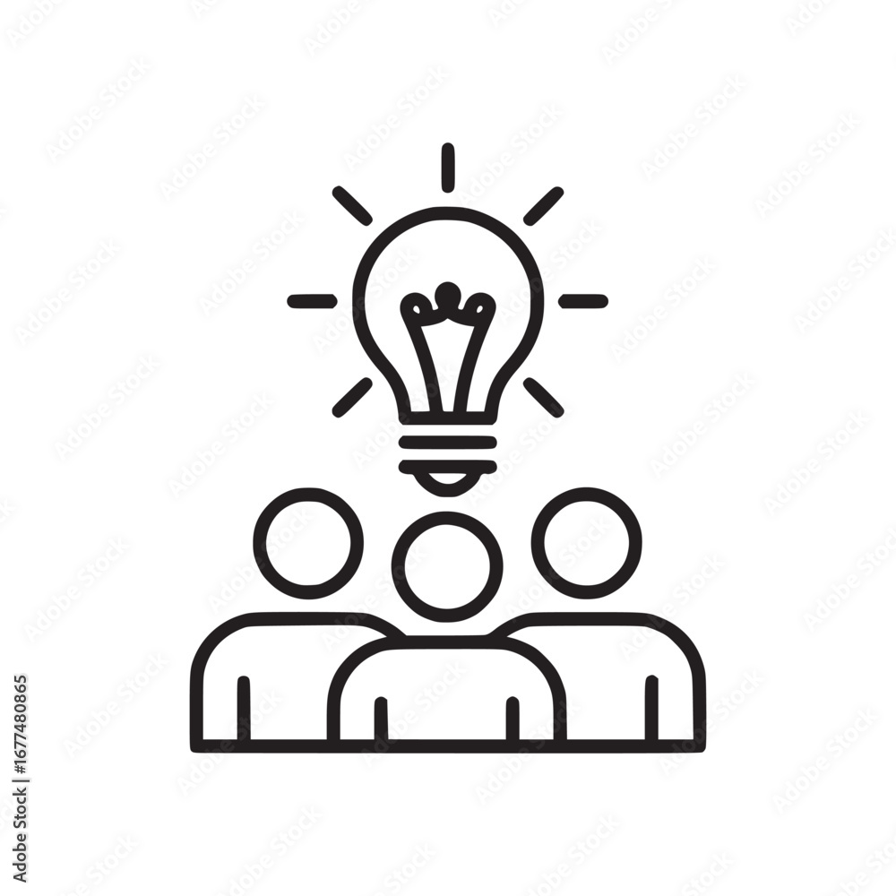 Poster illustration of three people with a lightbulb above them representing teamwork and innovation concep