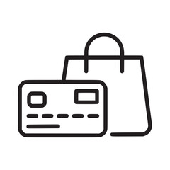 A simple line drawing of a credit card and a shopping bag on a plain white background icon style