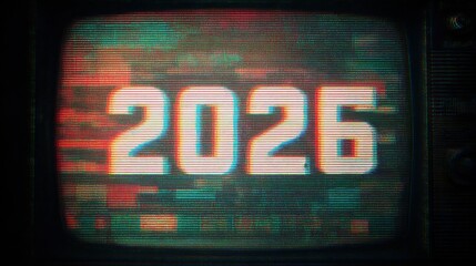 2026 message on vintage television screen with glitch effect