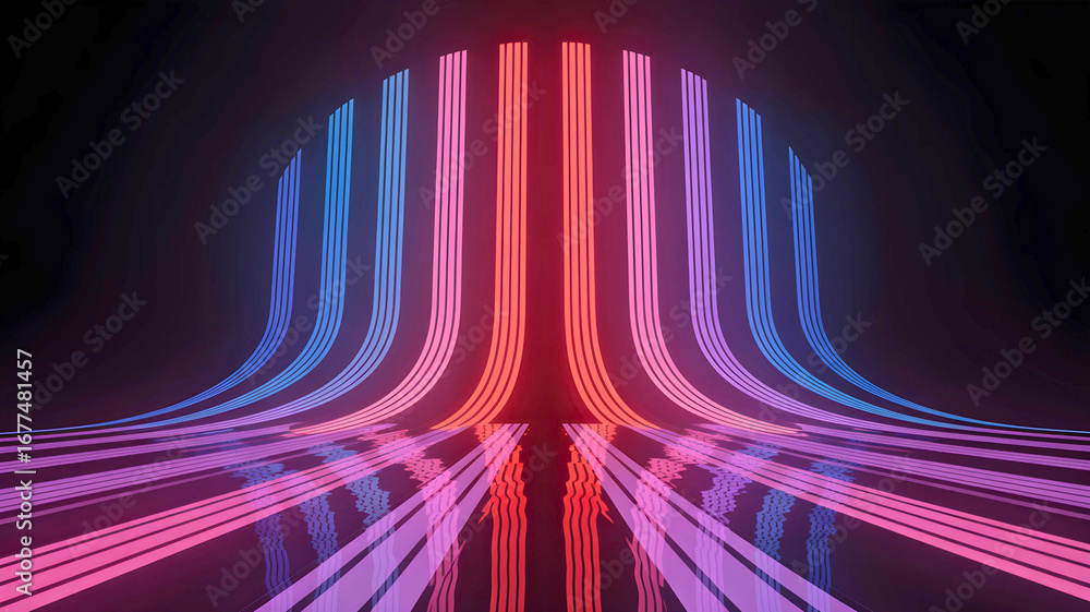 Aufkleber dynamic perspective of glowing neon data streams curving into a futuristic digital horizon with refl