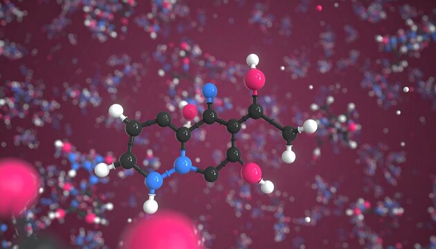 Detailed 3d model of a molecule, with atoms displayed in various colors, against a backdrop of blurred molecules.