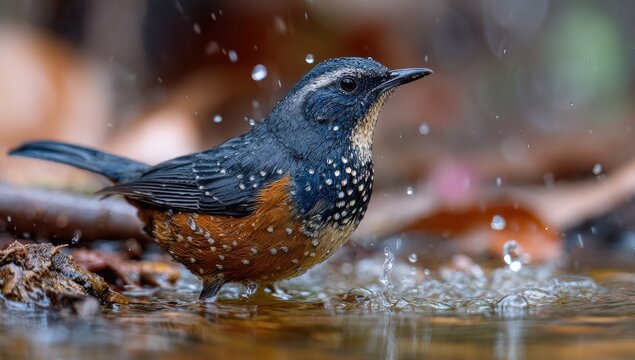 A small bird splashing in shallow water - Powered by Adobe