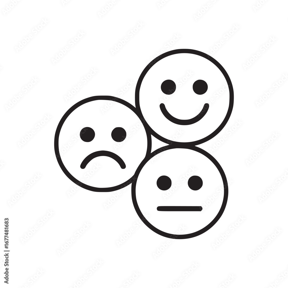 Aufkleber illustration of three circular faces with different expressions on a white background surface view