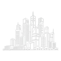 Fototapeta premium Line drawing of a modern city skyline with numerous skyscrapers.