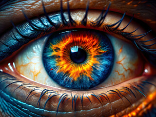 Human eye close-up with galaxy swirling iris in vibrant orange blue gold cosmic dust nebula surreal sci-fi hyperrealistic