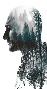 A double-exposure portrait of a bald man's profile, overlaid with a misty evergreen forest scene, creating a serene yet pensive mood