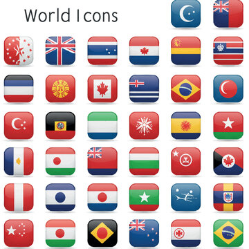 Global national flags reimagined as glossy rounded square vector app icons, neatly arranged in a modern clean grid, perfect for digital interfaces and international projects.